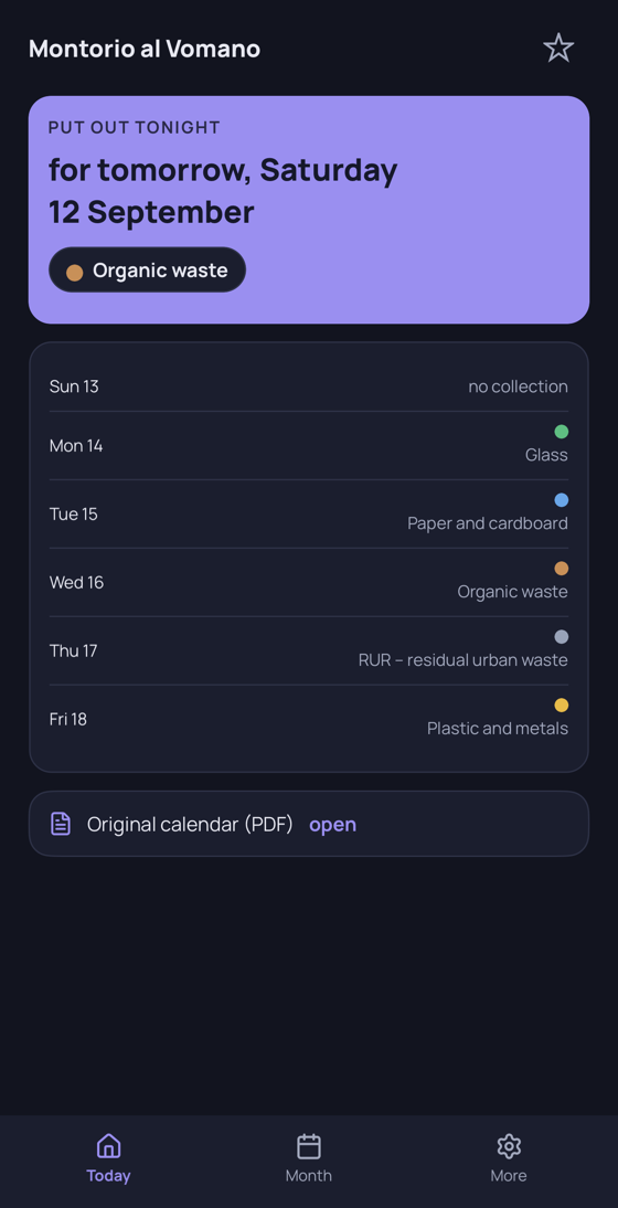 Esponi in dark theme, on the Today screen.