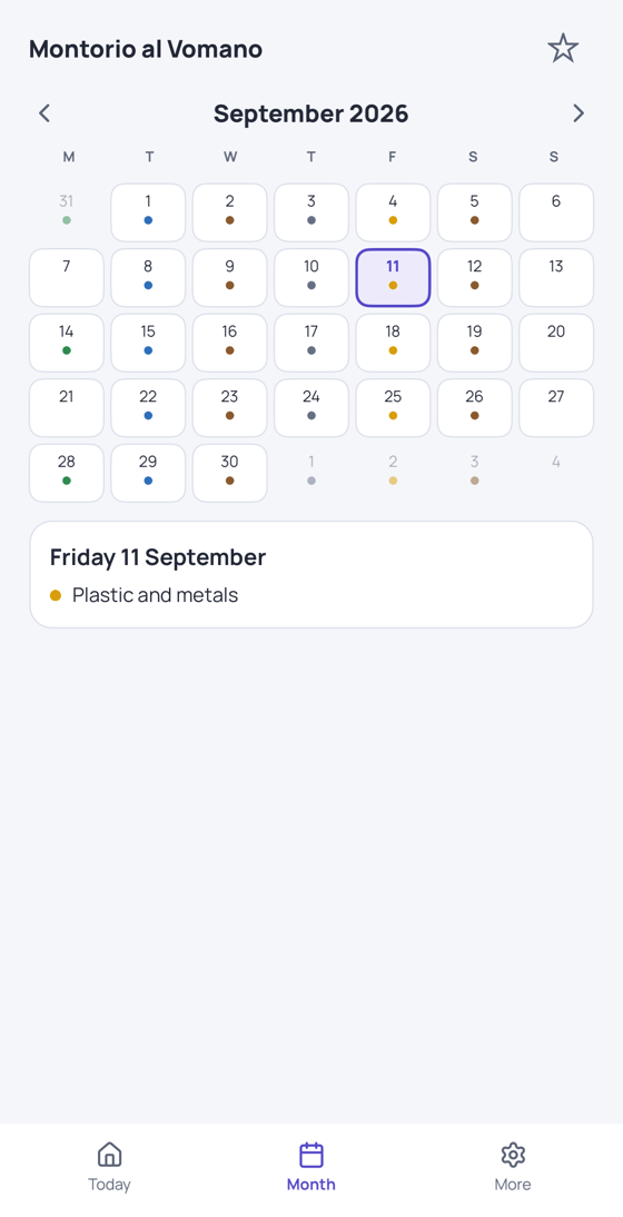 Esponi's monthly calendar, with the waste types day by day.