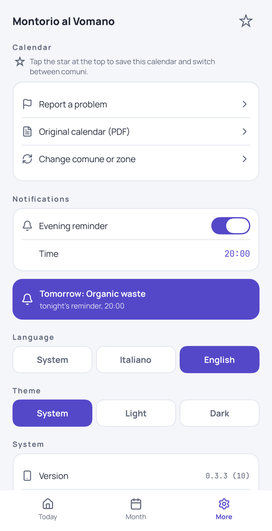 Esponi's settings: evening reminder, time, language and theme.