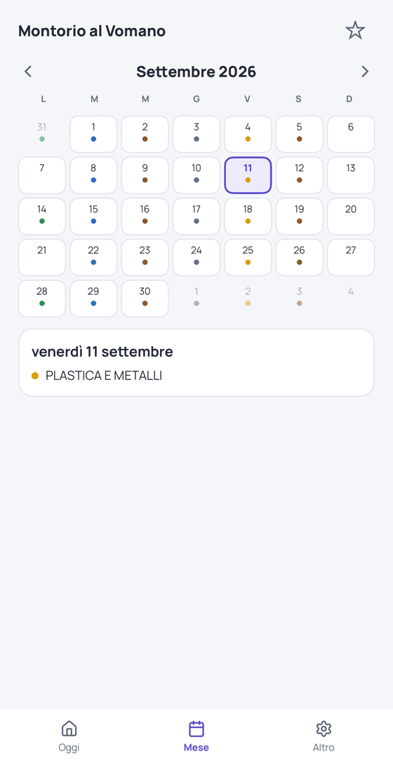 Il calendario mensile di Esponi, con le frazioni giorno per giorno.